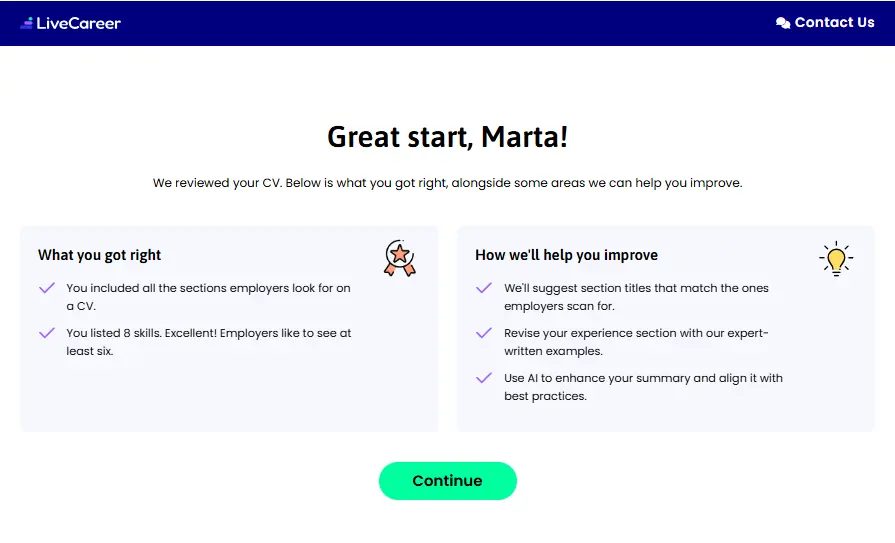 Skjermbilde av CV-gjennomgangsfunksjonen for LiveCareer CV-bygger