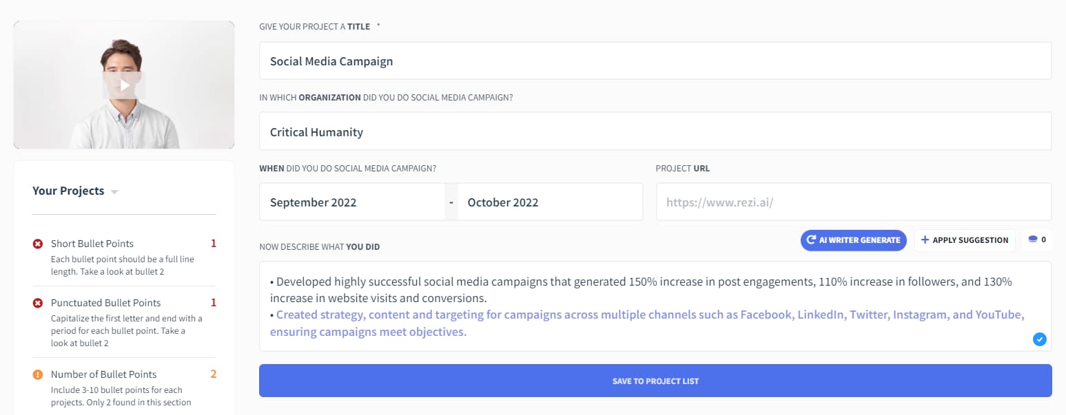 Prosjektseksjonen i Rezi.ai