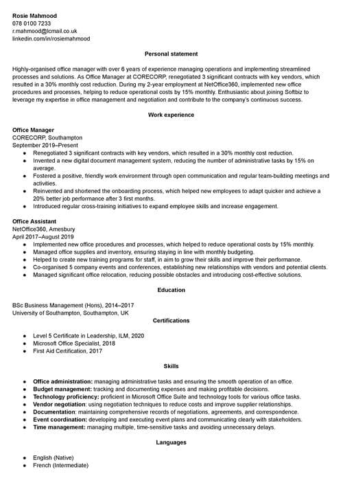 CV-eksempel laget i LiveCareer builder