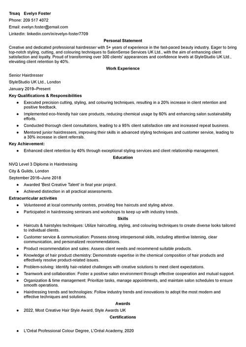 Eksempel på CV for frisør