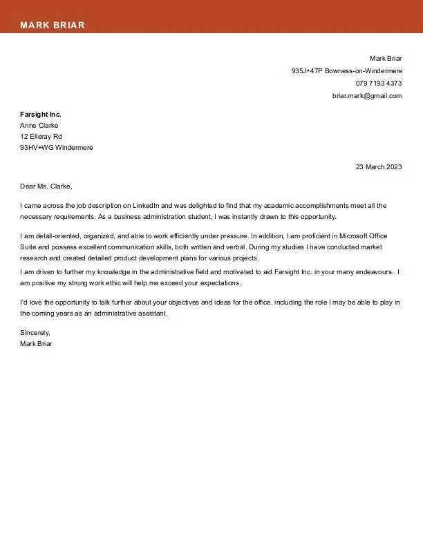 Kort følgebrev for et eksempel på en praksisplass