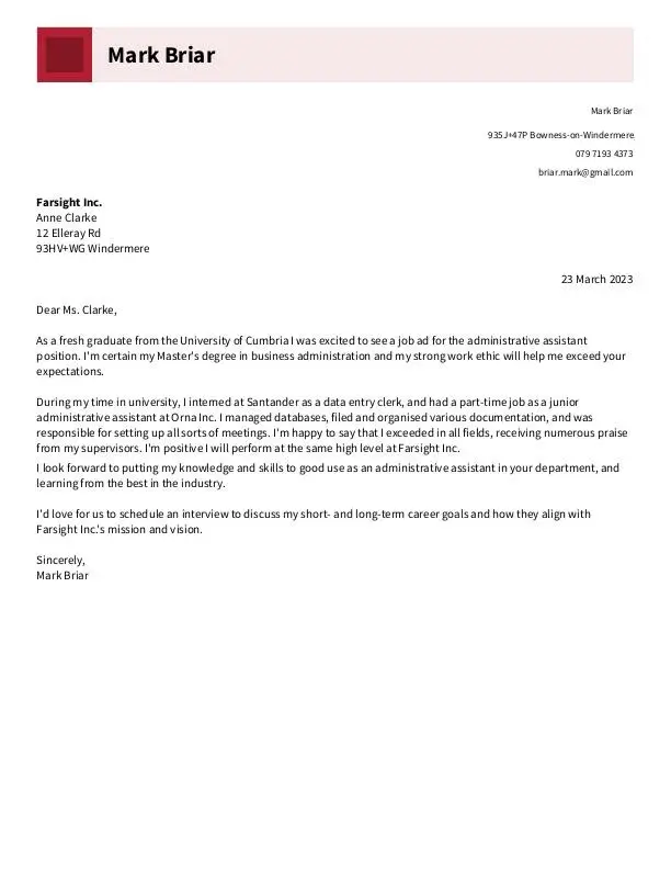 Kort følgebrev for en nyutdannet