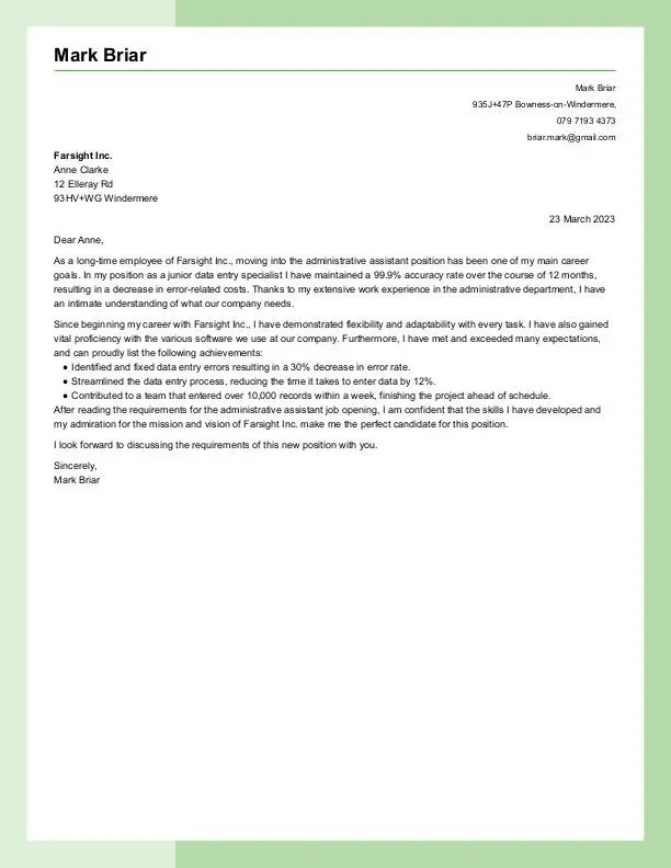 Kort søknadsbrev for en intern stillingseksempel