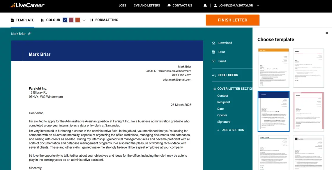 Eksempel på kort følgebrev laget i Livecareer builder