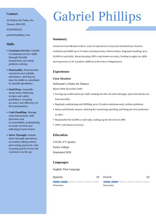 Eksempel på CV for fastfood-besetningsmedlem